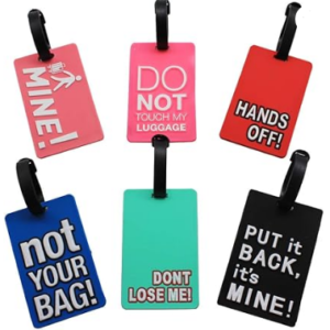 Funny luggage tags for suitcases and travel bags.
